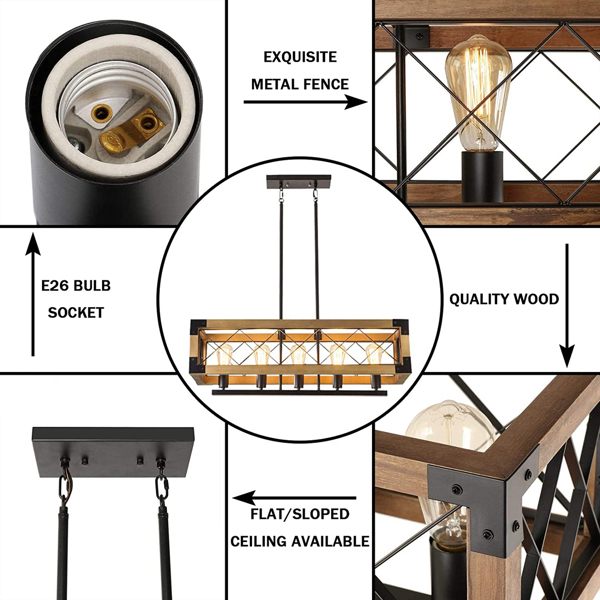 5 灯农舍圆形枝形吊灯，19.6 英寸乡村厨房岛餐厅灯具，用于走廊、餐厅的黑色锻铁吊灯