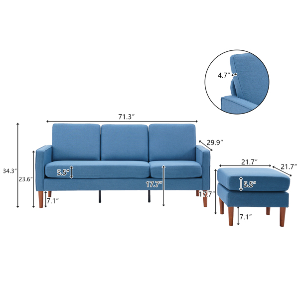 二代 美式扶手 3人位 带贵妃脚蹬 室内组合沙发 布艺 181*76*87cm 藏蓝色 N101-20