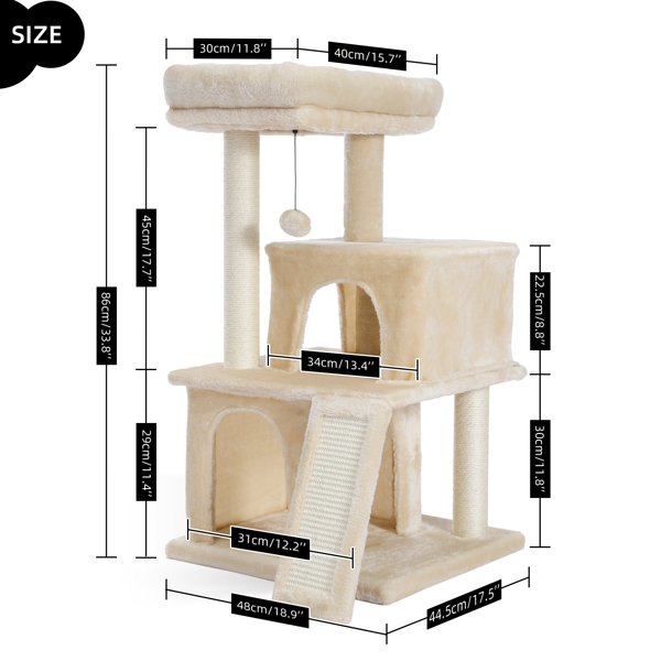 米色多层豪华猫台带有2个舒适猫窝，1个宽敞的顶部躺窝，猫抓柱，坡道和猫互动玩具晃球-3