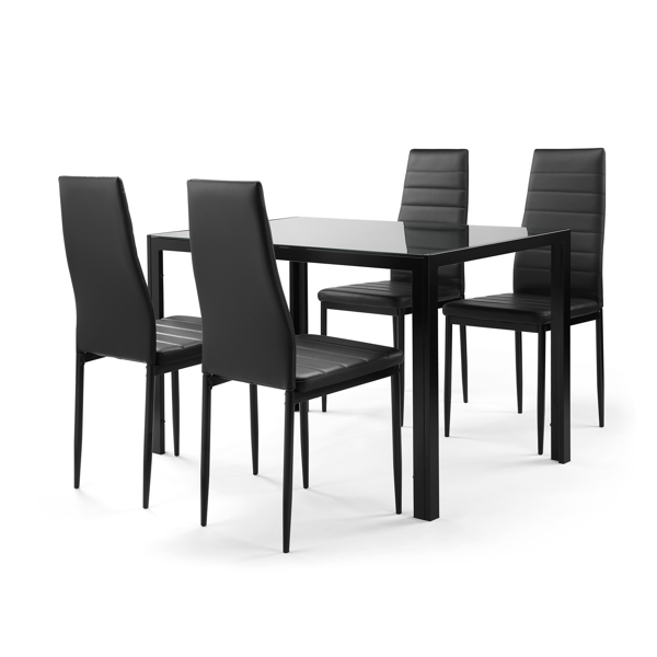 5 件套 4 人餐桌套装，厨房钢化玻璃餐桌，4 人造皮椅，黑色-7