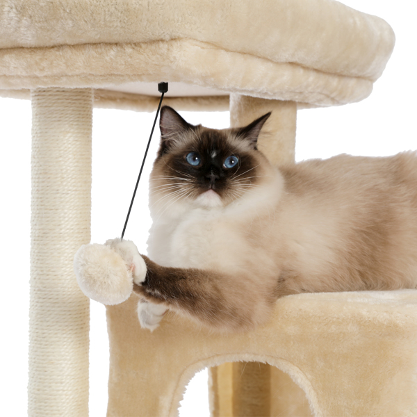米色多层豪华猫台带有2个舒适猫窝，1个宽敞的顶部躺窝，猫抓柱，坡道和猫互动玩具晃球-6
