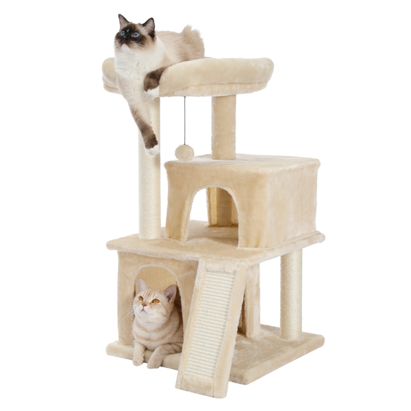 米色多层豪华猫台带有2个舒适猫窝，1个宽敞的顶部躺窝，猫抓柱，坡道和猫互动玩具晃球-2
