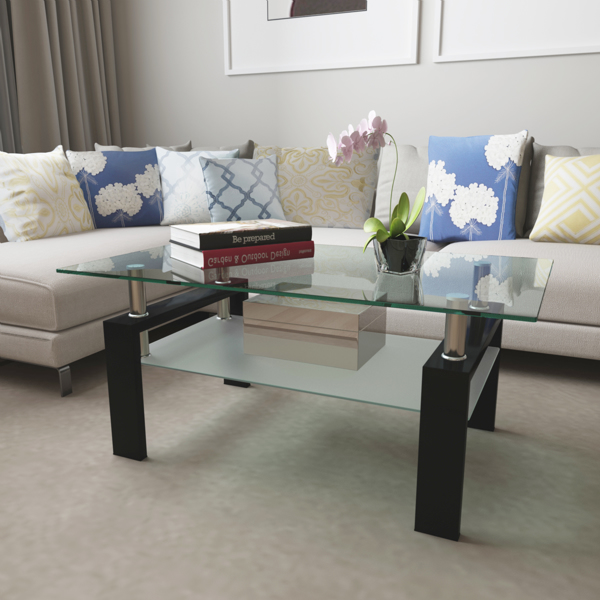 长方形咖啡桌黑色玻璃茶几，透明茶几，现代客厅边桌，客厅家具-3