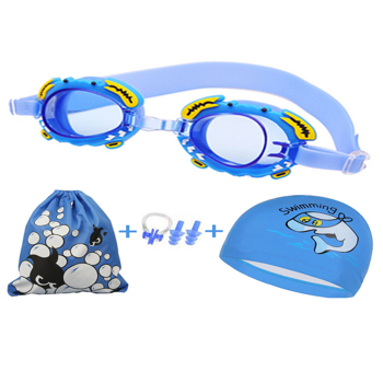 儿童防水防雾泳镜+泳帽+游泳包+鼻夹耳塞4件套 蓝色