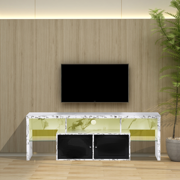 电视柜，电视柜两扇门，可调节 2 个透明波浪层压板，LED 灯，可调节颜色，适用于最大 60 英寸的电视柜，白色-15