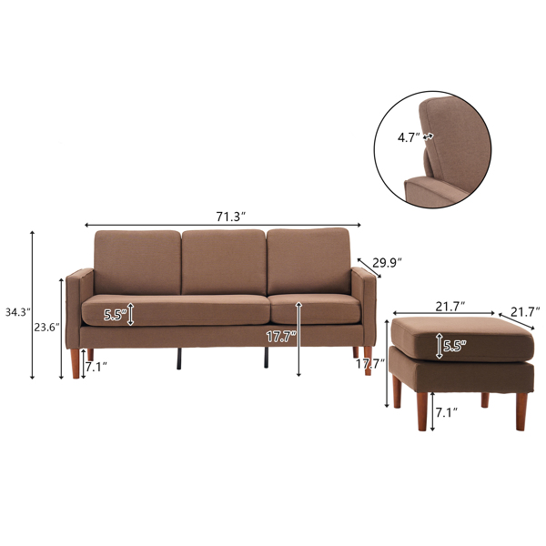 二代 美式扶手 3人位 带贵妃脚蹬 室内组合沙发 布艺 181*76*87cm 咖啡棕 N101-17