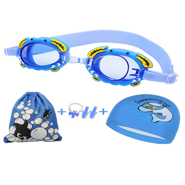 儿童防水防雾泳镜+泳帽+游泳包+鼻夹耳塞4件套 蓝色-1