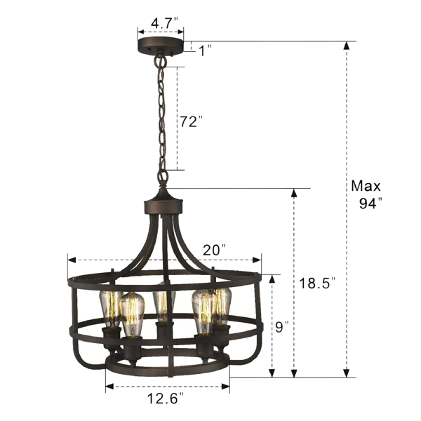 5 灯农舍圆形枝形吊灯，19.6 英寸乡村厨房岛餐厅灯具，用于走廊、餐厅的黑色锻铁吊灯