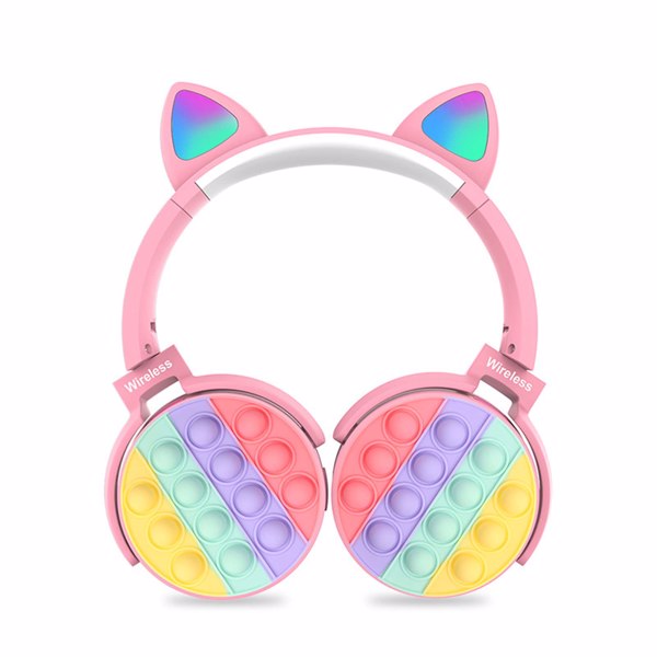减压耳机儿童玩具耳机，无线蓝牙耳机流行泡泡入耳式耳机减压玩具彩虹色减压耳机适合儿童成人（粉红色猫耳款）-1
