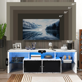 电视柜，电视柜两扇门，可调节 2 个透明波浪层压板，LED 灯，可调节颜色，适用于最大 60 英寸的电视柜，白色