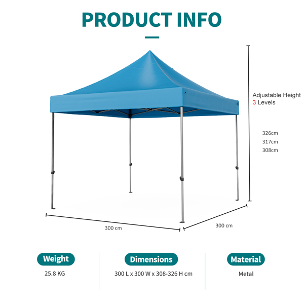 冲天型帐篷 凉棚 遮阳棚 3 x 3M + 4个沙袋 加粗铁架 带涂层的1080D牛津顶布 防水防晒-3