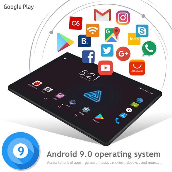 10.1英寸平板电脑，4GB+64GB，Android 10，八核，4G LTE网络，双SIM卡，WiFi，蓝牙，GPS，AI，速度