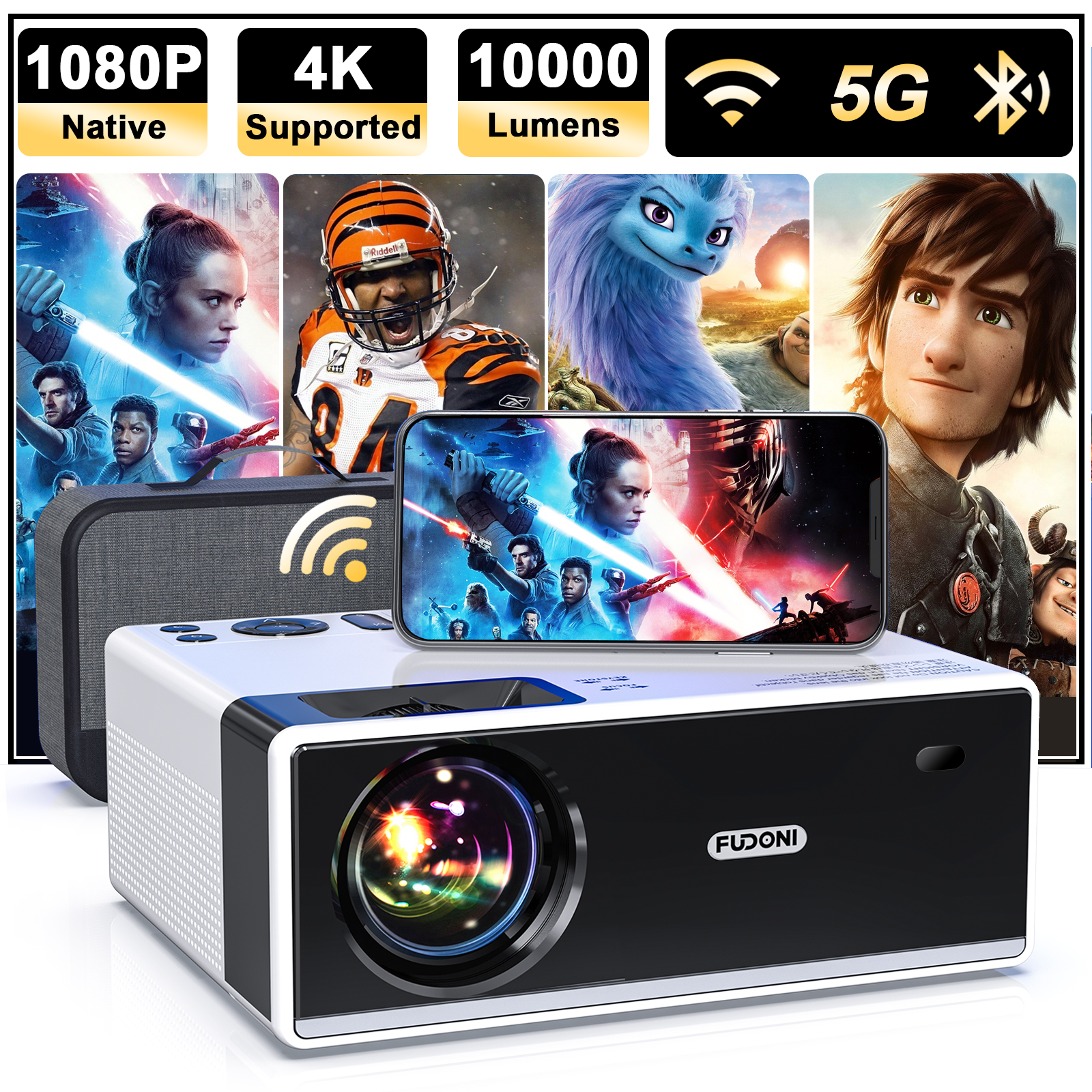 Projector with WiFi and Bluetooth, 5G WiFi Projector 4K Supported Native 1080P Full HD, FUDONI 10000L Portable Projector, 50% Zoom 300" Display Outdoor Projector （Shipment from FBA）