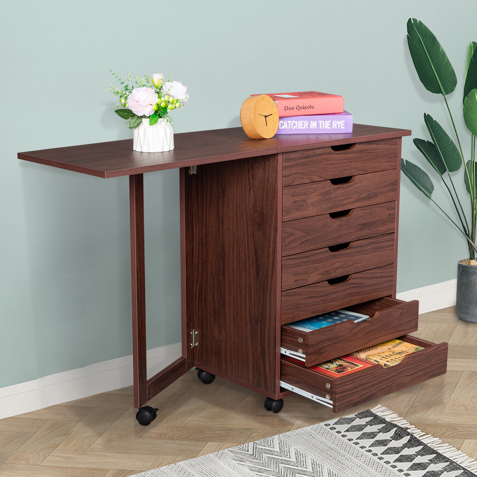 Seven Drawers MDF With PVC Wooden File Cabinet Dark Brown