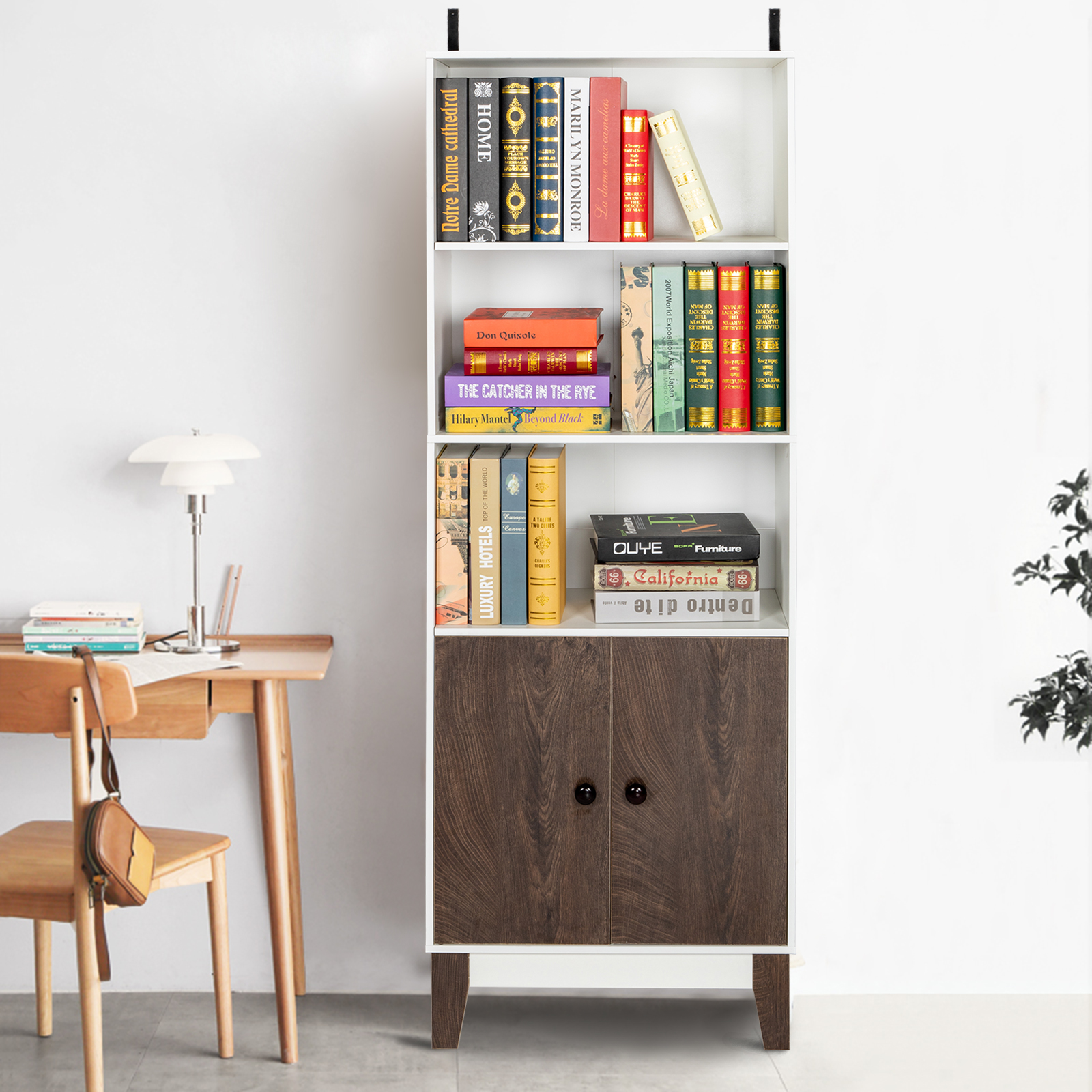 4 Tier Bookcase Storage Cabinet,Wooden Bookshelf with 2 Doors and 3 Shelves, Free Standing Floor Side Display Cabinet Decor Furniture for Home Office