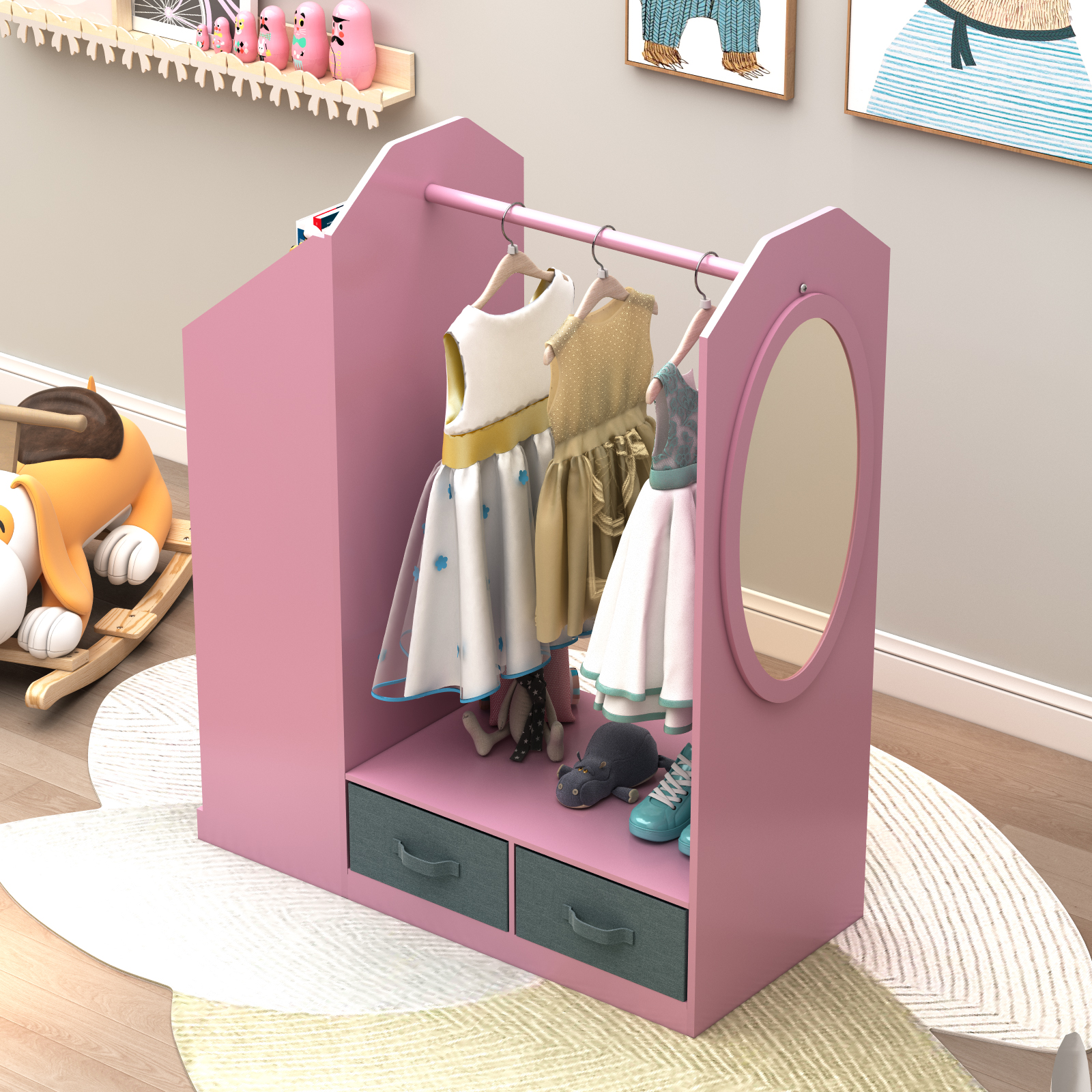 Kids Costume Organizer、 Costume Rack、Kids Armoire、Open Hanging Armoire Closet with Mirror-PINK