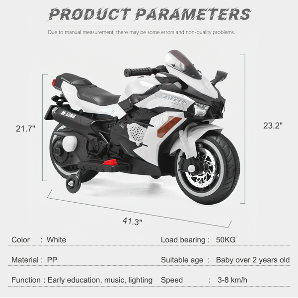 12V 电池摩托车，2 轮摩托车儿童可充电乘坐汽车电动车摩托车--白色-18