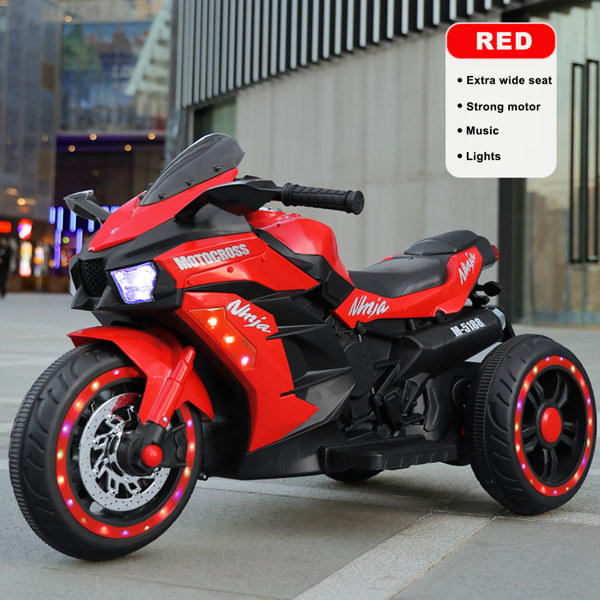 12V 电池摩托车，3 轮摩托车儿童可充电乘坐汽车电动车摩托车--红色-1