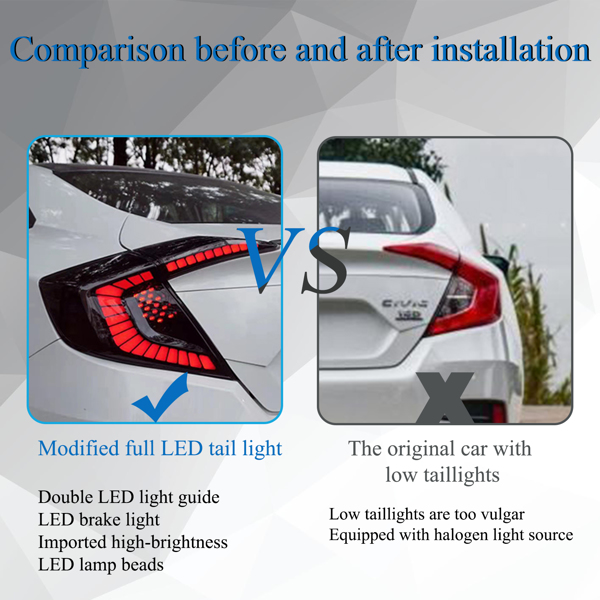 改装尾灯 For Honda Civic 2016-20 4-Door GAS Rear Lamp LED Smoked Tail Lights