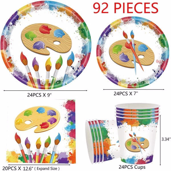 艺术绘画纸盘可容纳 20 位客人婴儿淋浴生日派对用品套装儿童餐盘、餐巾纸、杯子的一次性派对餐具92个装-6