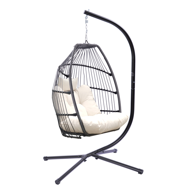 户外可折叠编藤鸡蛋椅吊篮吊床带支架，带坐垫和枕头（浅米色）-3