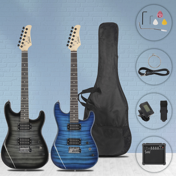 【AM不售卖】Glarry GST 双双拾音器 带虎纹 科技木指板 化蓝色 ST电吉他+音箱套装-54