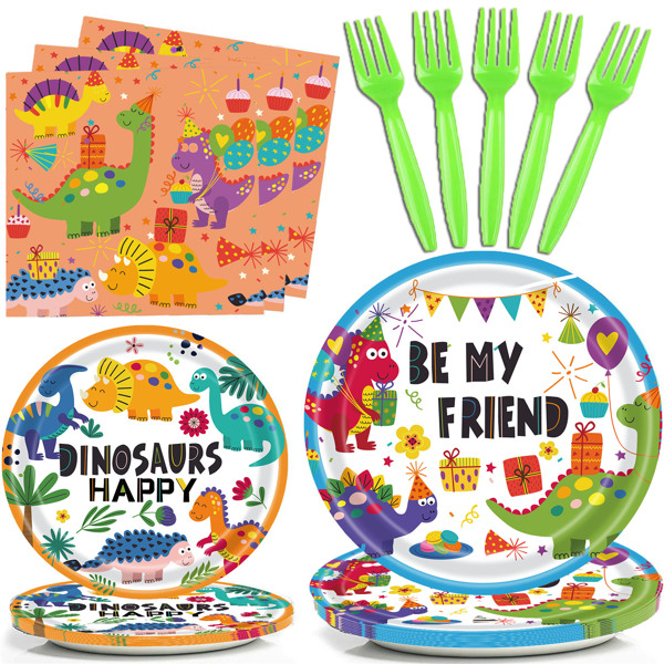 （FBA仓发货）恐龙盘一次性纸盘派对用品包生日餐具 16 件适合男孩儿童完美餐具包括盘子、餐巾纸、叉子 68 件-8