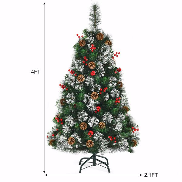 4 英尺白雪人造圣诞树，预先装饰有松果和红浆果-9