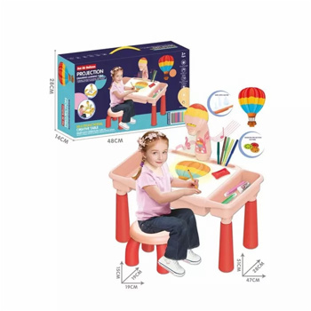 大型绘图投影仪桌带儿童椅子，儿童投影绘图板带灯光和音乐，儿童投影仪绘图套装 3+（热气球）