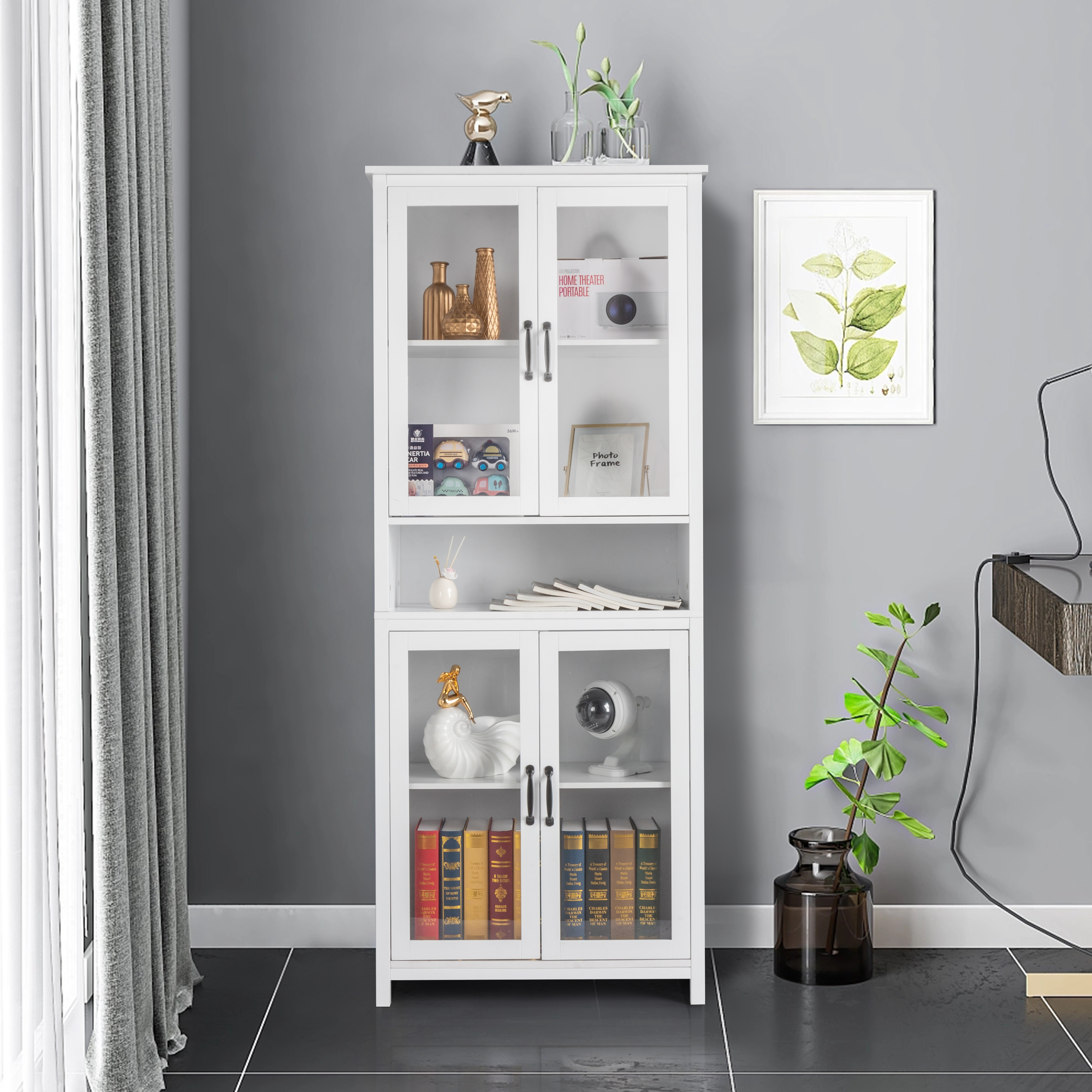 FCH American Country MDF Spray Paint Upper Two Doors Middle Shelf Lower Two Doors Bookcase White