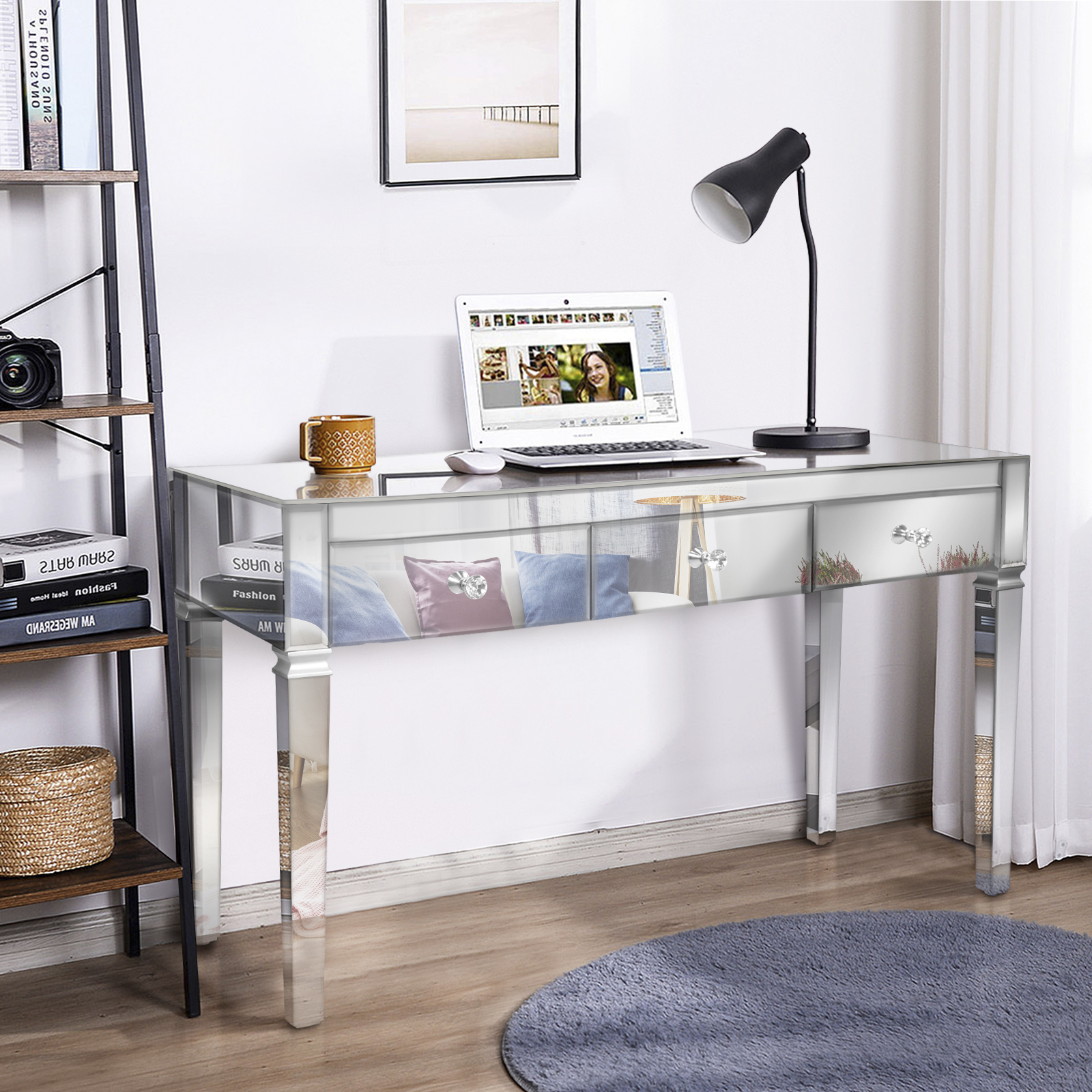 FCH MDF Mirror Surface Full Glass Three-Pump Computer Desk Silver