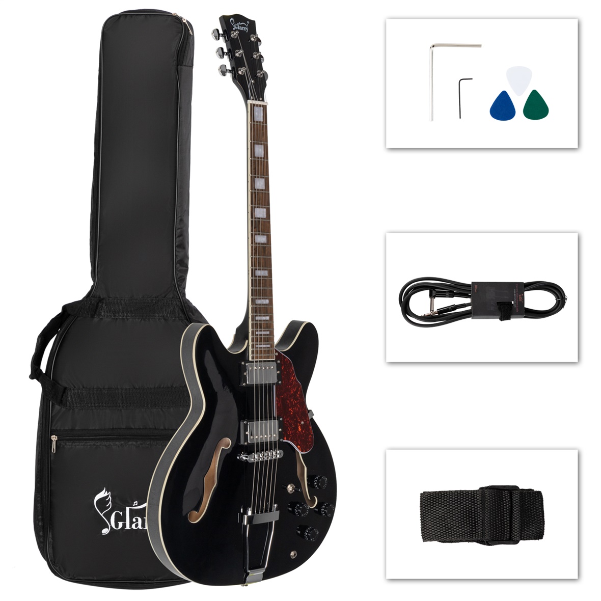 [Do Not Sell on Amazon]Glarry GIZ101 Electric Guitars Semi-Hollow Body Trapeze Tailpiece Bridge, HH Pickups, Laurel Wood Fingerboard Black