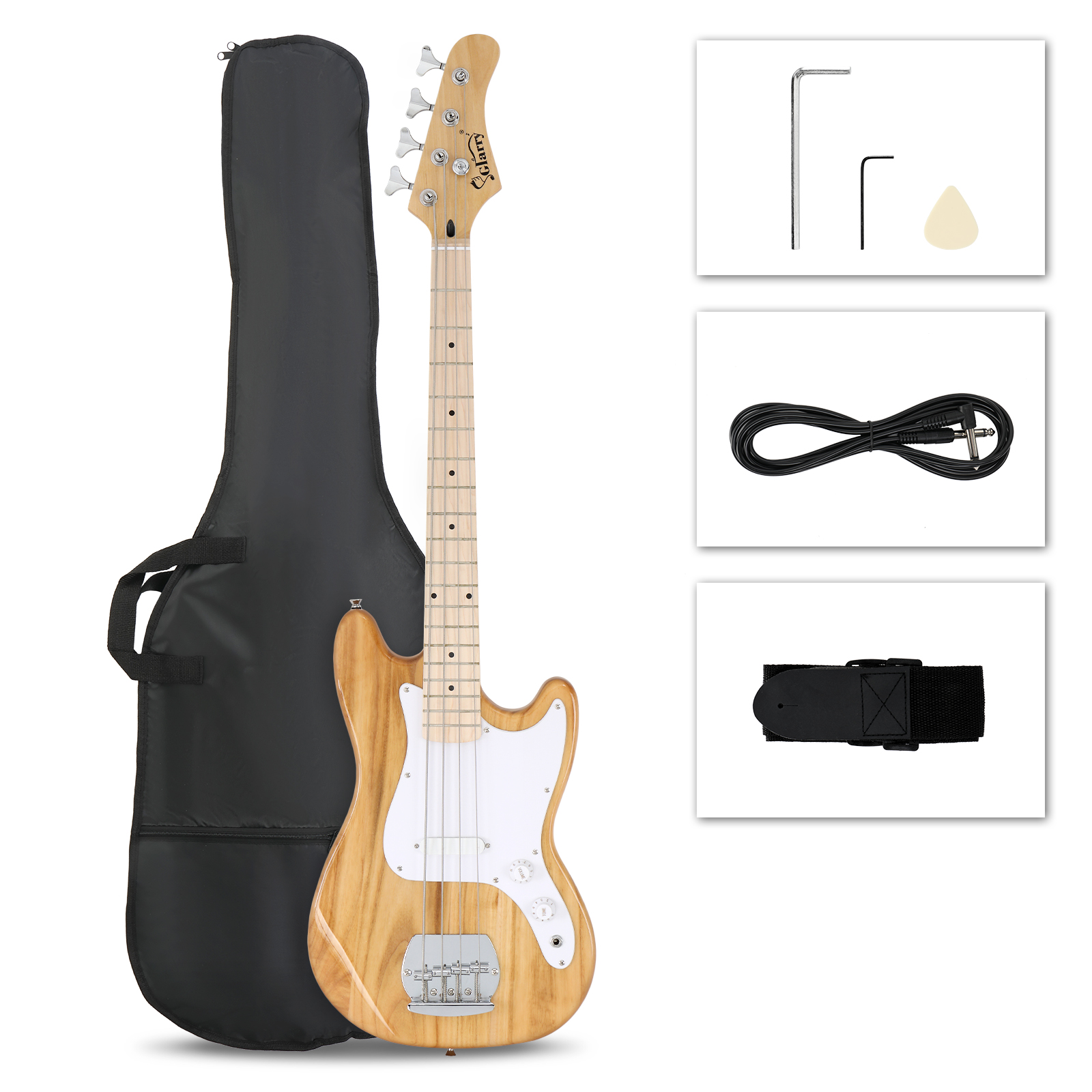 [Do Not Sell on Amazon] Glarry 4 String 30in Short Scale Thin Body GB Electric Bass Guitar with Bag Strap Connector Wrench Tool Burlywood