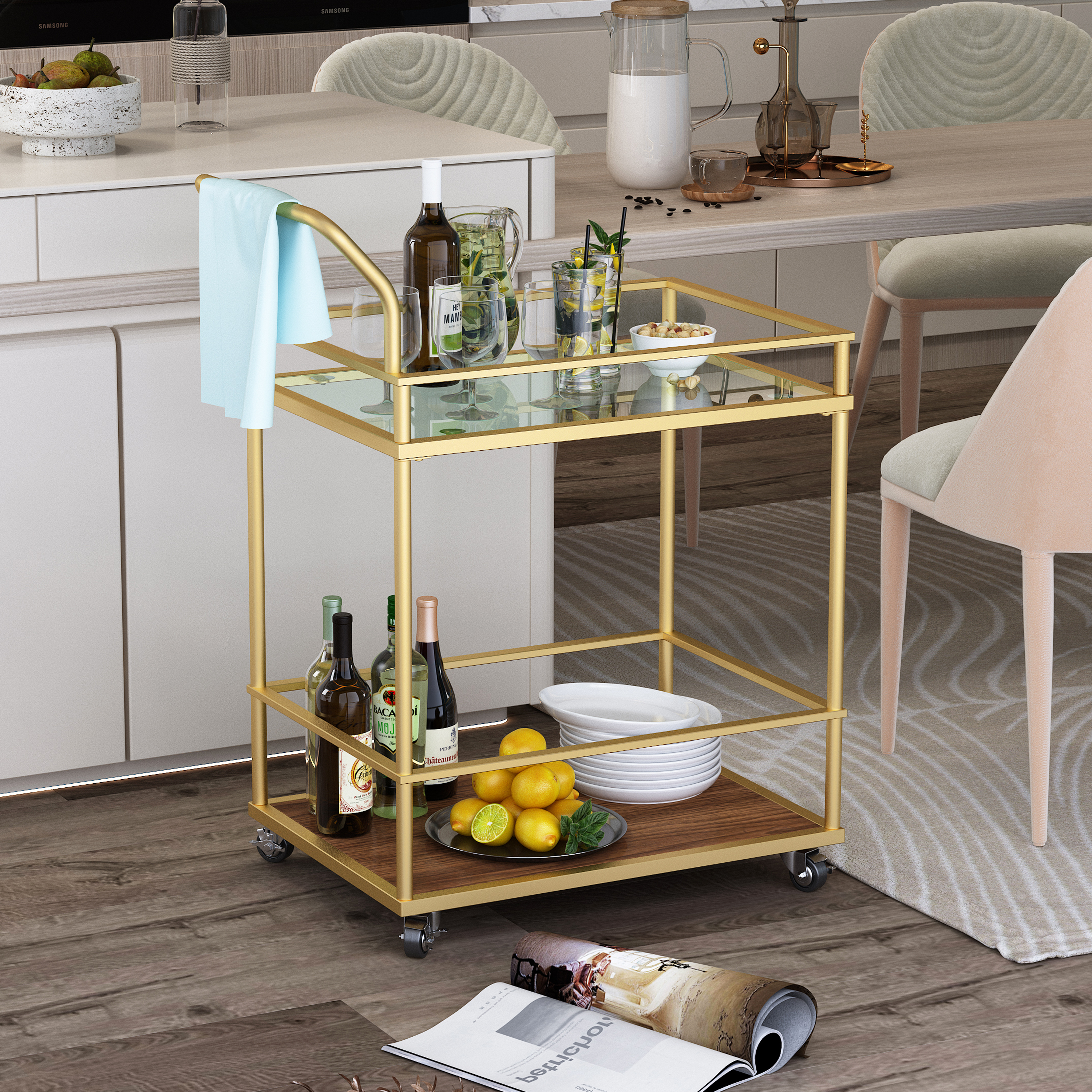 Gold Bar Cart, Home Bar Serving Cart ,Coffee Bar Cart,Kitchen cart,Bar Carts for The Home