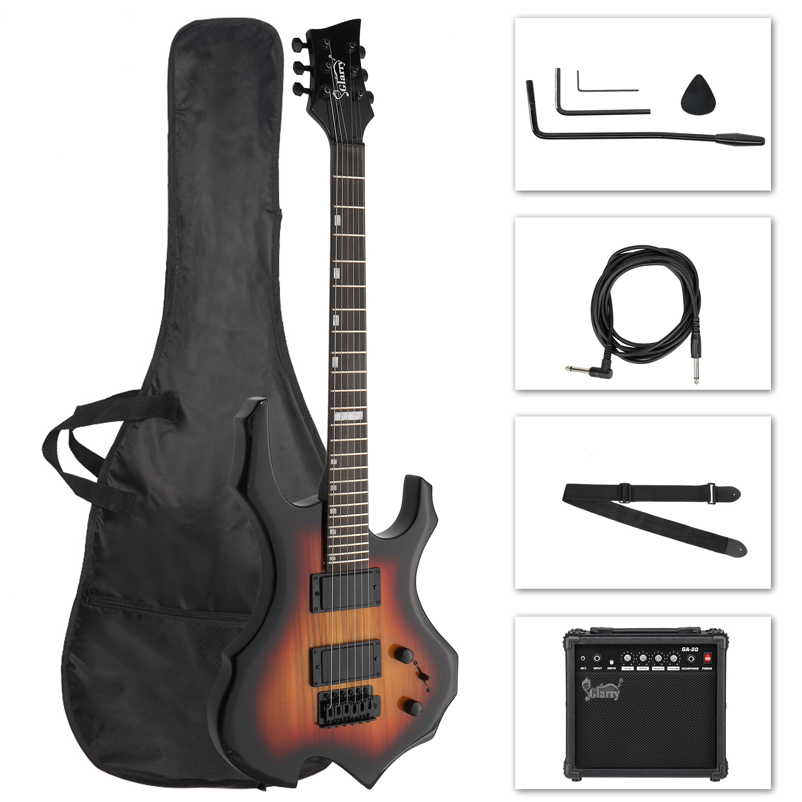 [Do Not Sell on Amazon] Glarry Flame Shaped H-H Pickup Electric Guitar Kit with 20W Electric Guitar AMP Bag Strap Picks Shake Cable Wrench Tool Sunset Color