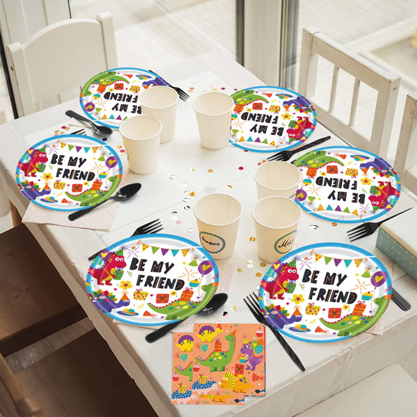 （FBA仓发货）恐龙盘一次性纸盘派对用品包生日餐具 16 件适合男孩儿童完美餐具包括盘子、餐巾纸、叉子 68 件-7