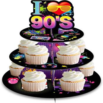 90 年代纸板纸杯蛋糕架支架塔 3 层圆形甜点糕点服务托盘，适用于 12-18 岁纸杯蛋糕生日派对用品餐桌装饰