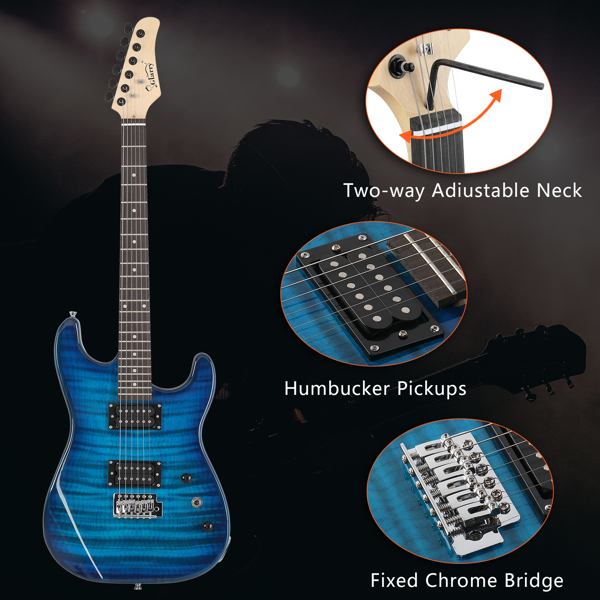 【AM不售卖】Glarry GST 双双拾音器 带虎纹 科技木指板 化蓝色 ST电吉他+音箱套装-76