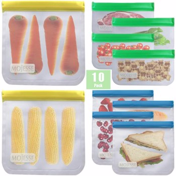 10 件装可重复使用的食品收纳袋子三明治袋子 - 防漏冷冻加仑袋 BPA 免费 - 超厚耐用可重复使用的储物袋 - 可重复使用的零食袋，用于食品水果旅行用品收纳