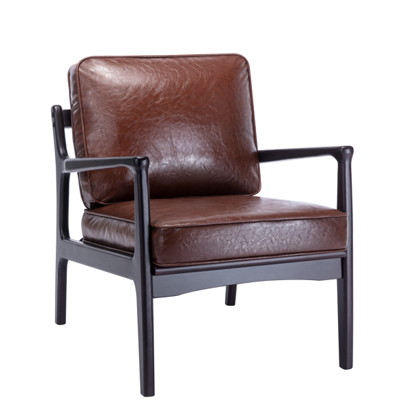 木框架扶手椅，易于组装的中世纪现代风格椅子休闲椅，适用于客厅、卧室、家庭办公室，棕色 PU-4
