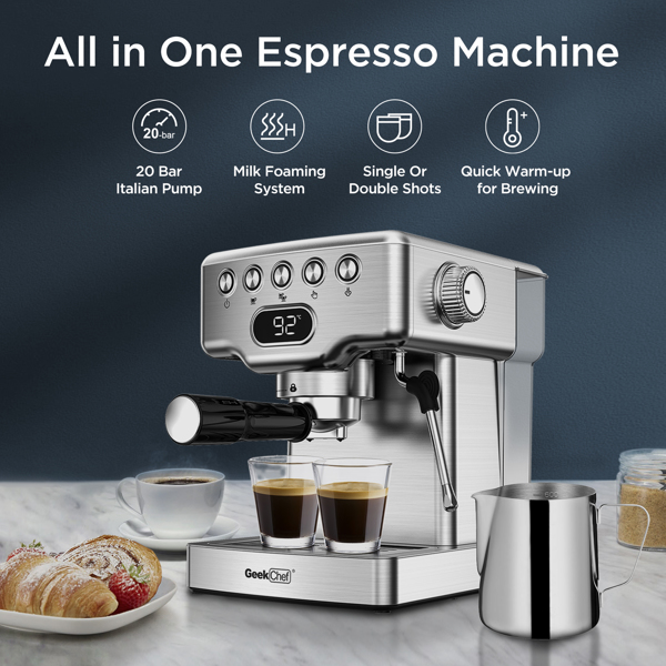 Geek Chef 浓缩咖啡机，20 巴浓缩咖啡机，带牛奶起泡器，适用于拿铁、卡布奇诺、玛奇朵，家用浓缩咖啡机，1.8 升水箱，不锈钢-12
