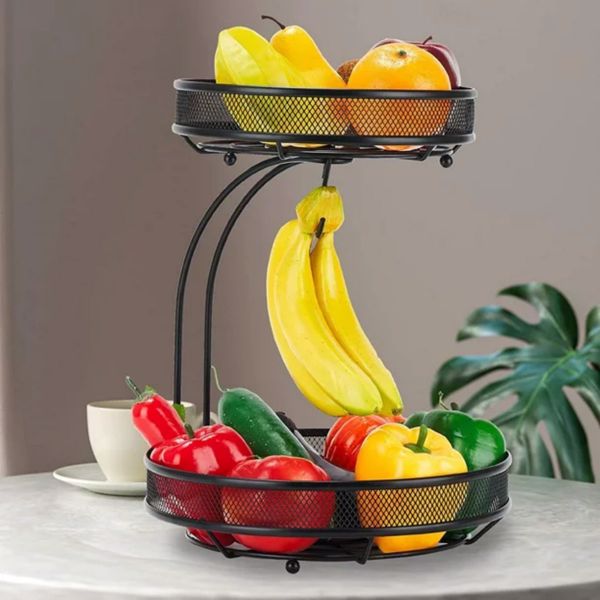 2层水果碗带香蕉衣架，厨房柜台可拆卸水果篮，厨房、办公室、客厅和储藏室水果收纳盒，黑色-10
