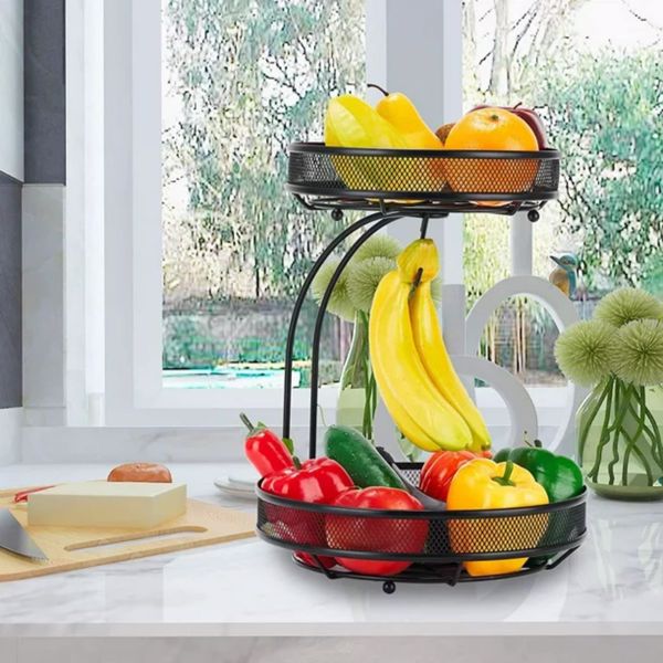 2层水果碗带香蕉衣架，厨房柜台可拆卸水果篮，厨房、办公室、客厅和储藏室水果收纳盒，黑色-13
