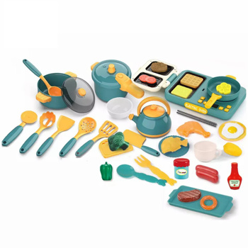 儿童玩具厨房玩具 37 件玩具厨房配件套装，假装厨房玩具儿童烹饪玩具套装，餐具炊具学习礼物，蓝色