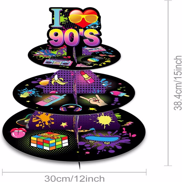 90 年代纸板纸杯蛋糕架支架塔 3 层圆形甜点糕点服务托盘，适用于 12-18 岁纸杯蛋糕生日派对用品餐桌装饰-14