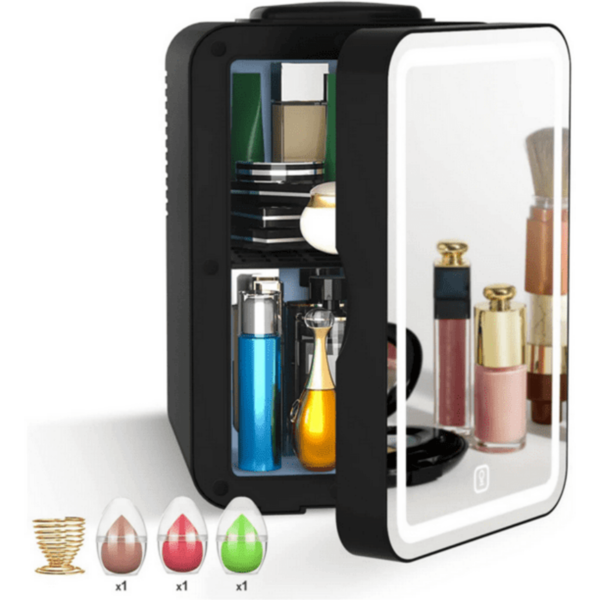 迷你冰箱 6L 便携式美容化妆护肤冰箱化妆品 LED 镜子冰箱带 3 件化妆海绵-11