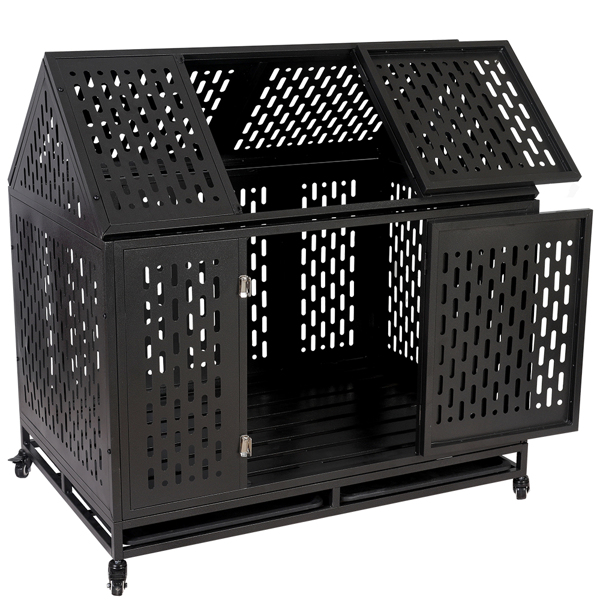 重型狗笼子笼子 坚固的金属框架狗窝 耐用的室内和室外狗窝，适合大型狗，易于组装和四轮移动-9