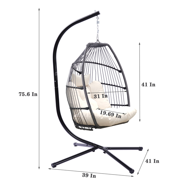 户外可折叠编藤鸡蛋椅吊篮吊床带支架，带坐垫和枕头（浅米色）-11