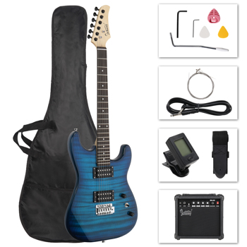 【AM不售卖】Glarry GST 双双拾音器 带虎纹 科技木指板 化蓝色 ST电吉他+音箱套装