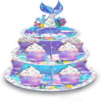 美人鱼蛋糕架甜点桌展示套装服务托盘 3 层纸板纸杯蛋糕架架塔圆形甜点糕点生日派对用品 12-18 纸杯蛋糕